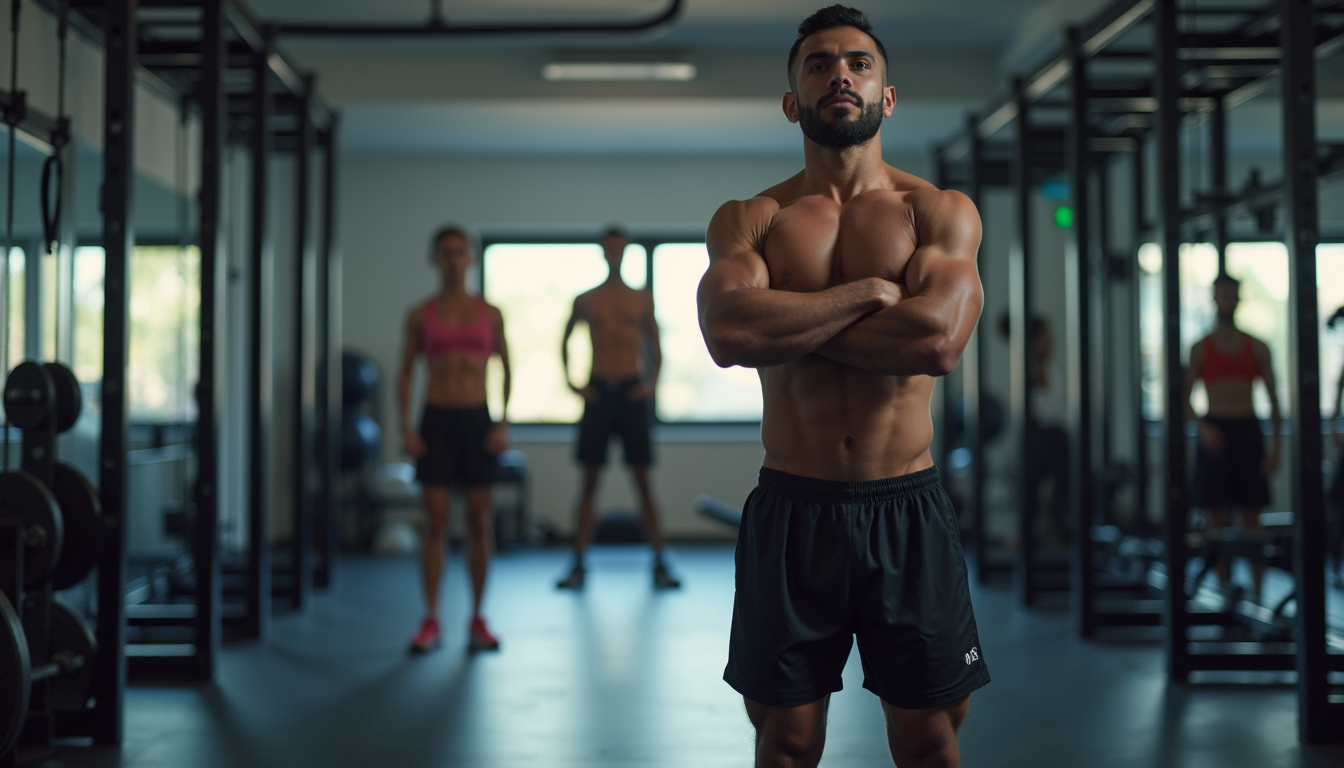Eye-level view of a gym with athletes performing strength training
