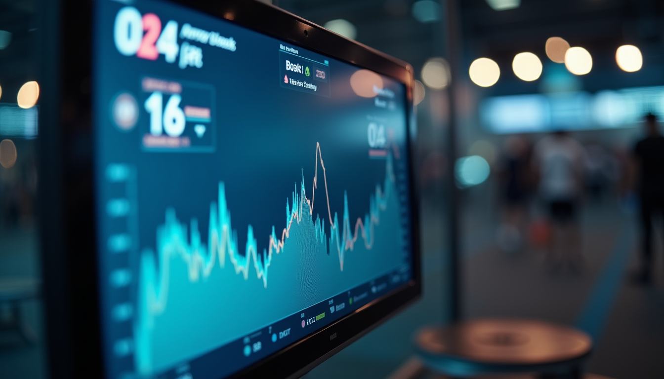 Close-up view of a digital performance monitor displaying athlete metrics