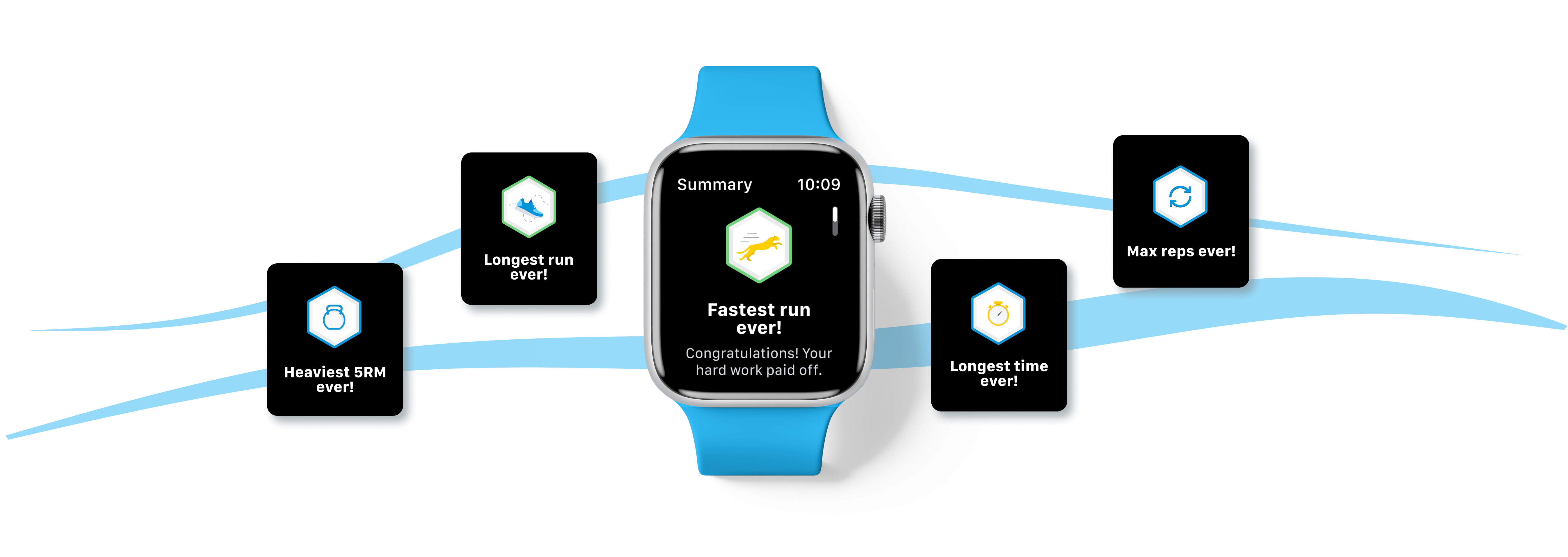 Smartwatch displaying a fastest-run achievement alongside longest run, longest time, heaviest 5RM, and max reps icons
